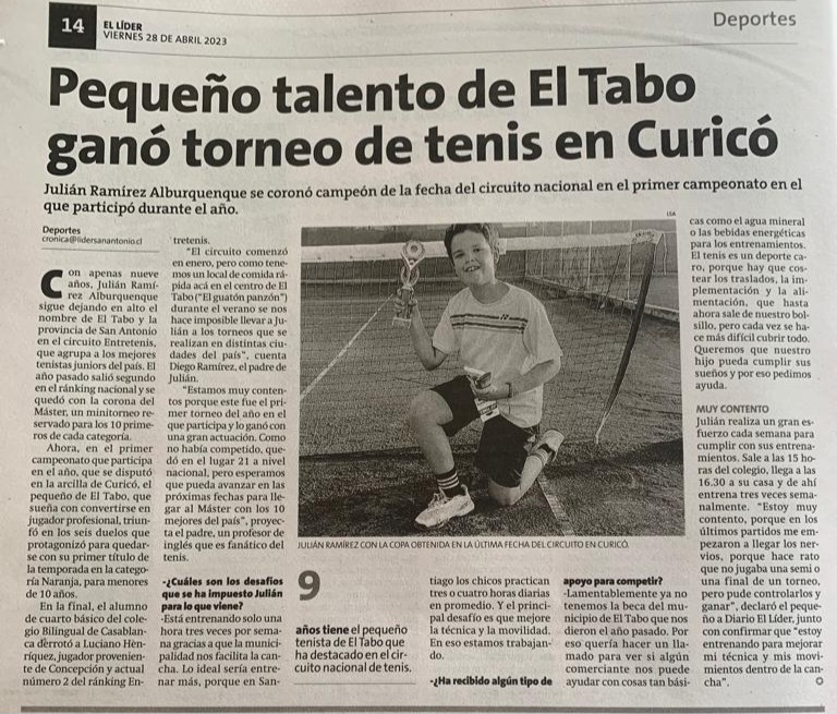 Felicitamos al alumno de 4to básico Julián Ramírez que se coronó campeón en Torneo de Tenis